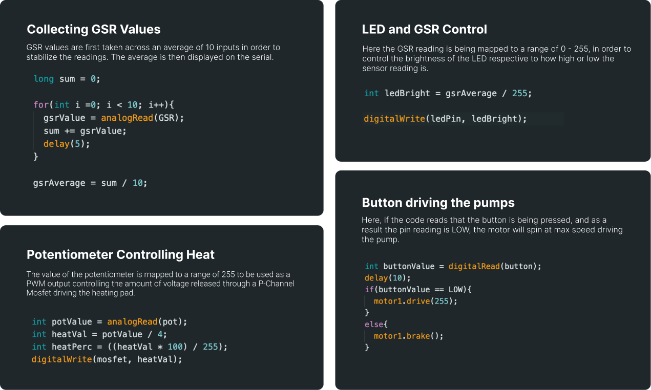 A code breakdown for each major Arduino component